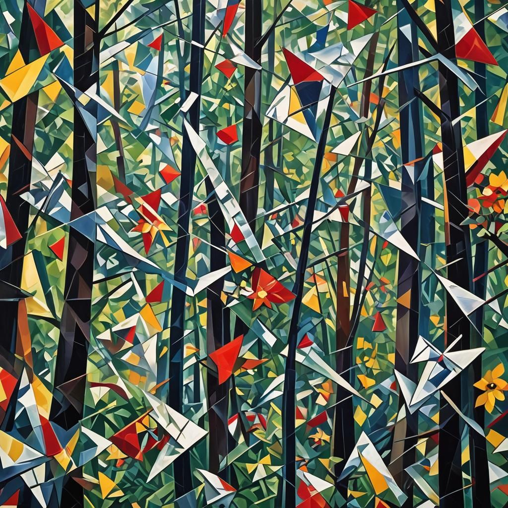 Geometric Cubist Forest in Vibrant Abstract Expressionism