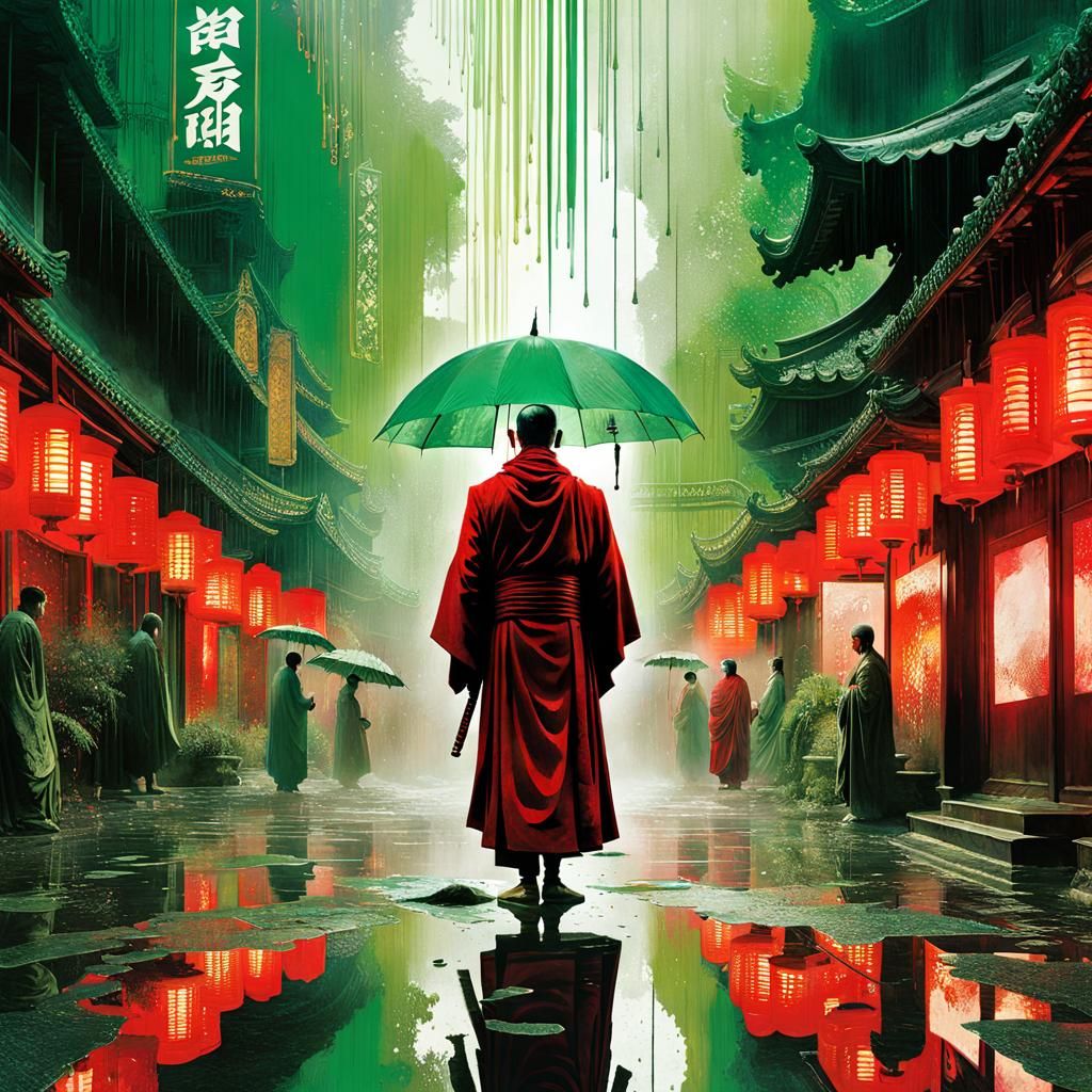 Meditating Buddha Monk in Rainy Cityscape