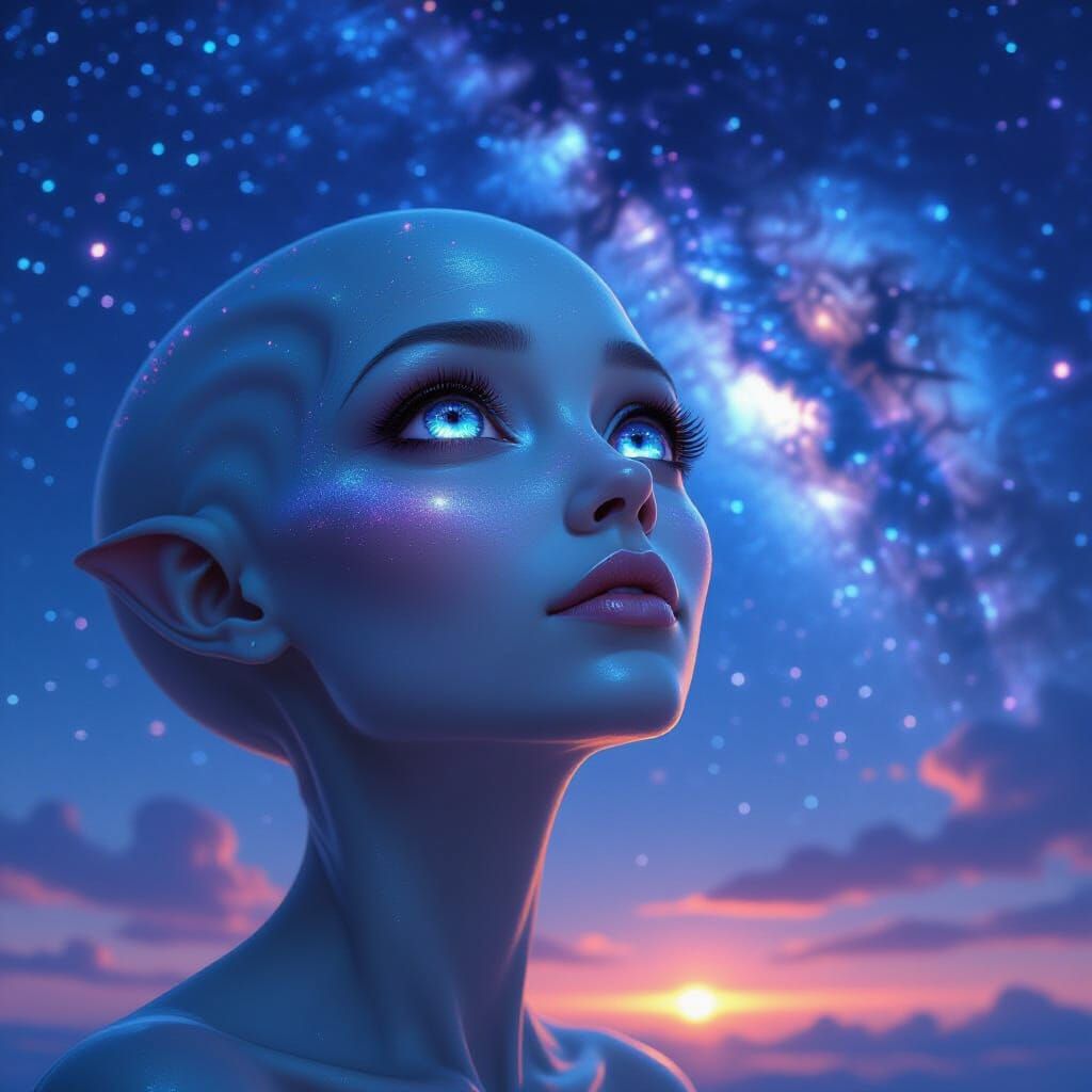 Iridescent Alien Gazing at Starry Sky