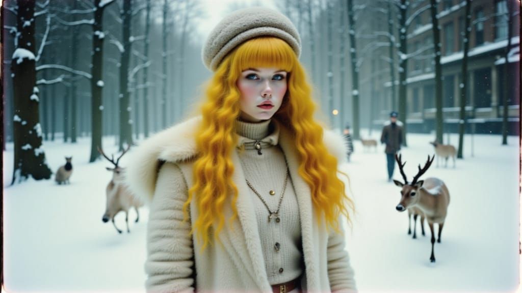 A very sad long yellow haired Tall Girl walking in deep snow, in a high fashion fur coat and hat surounded by Deer and ...