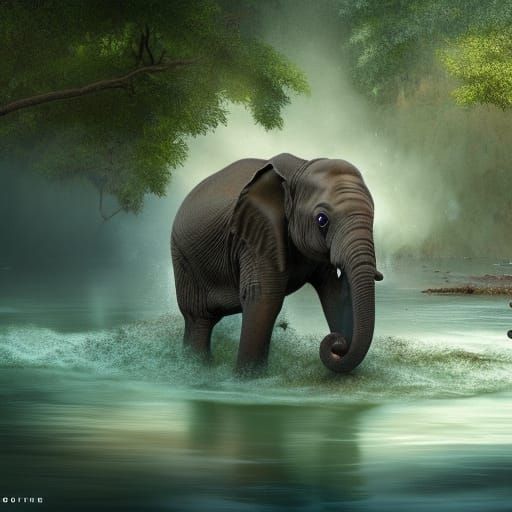 Baby Elephant Swimming in African Dam