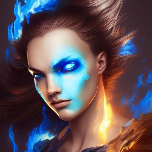 Blue Flame Fire Elemental Portrait in Hyperdetailed Style