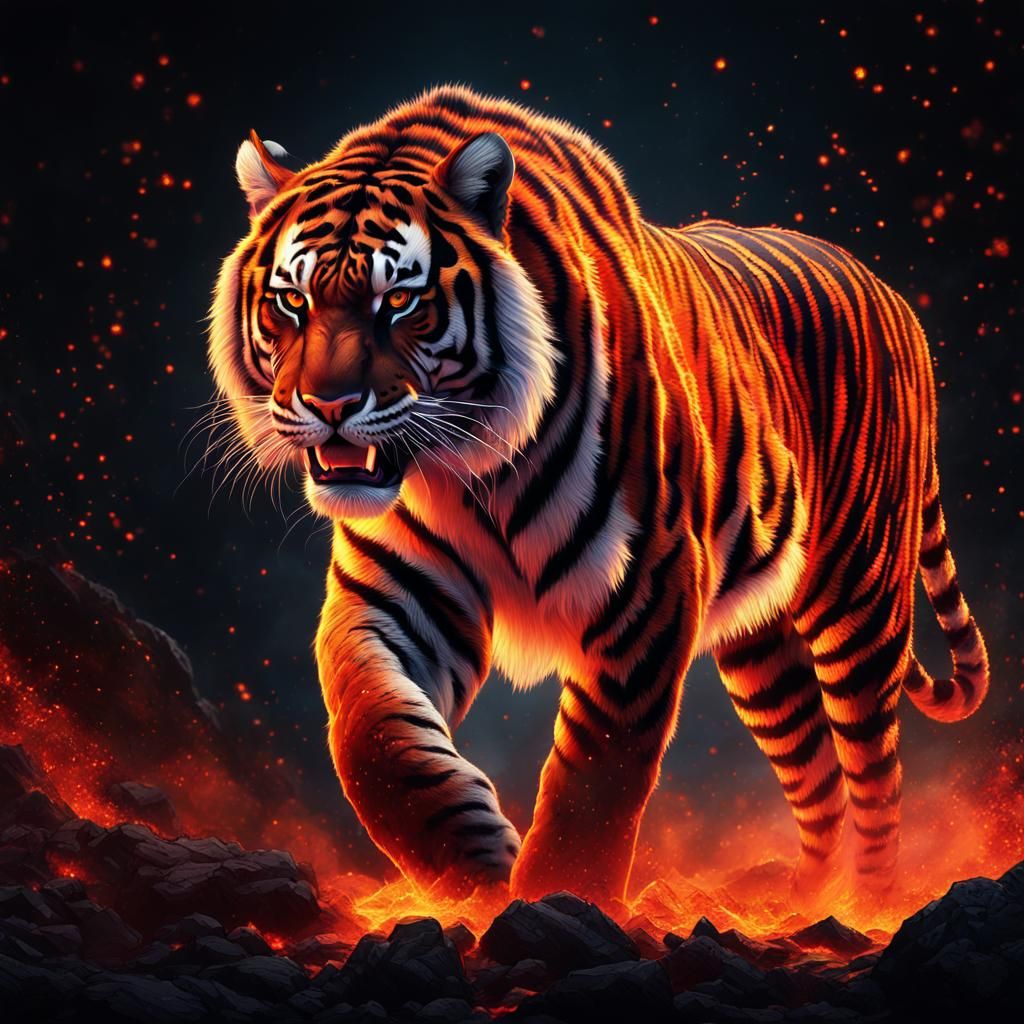 Epic Lava Tiger Digital Artwork in Black and Red