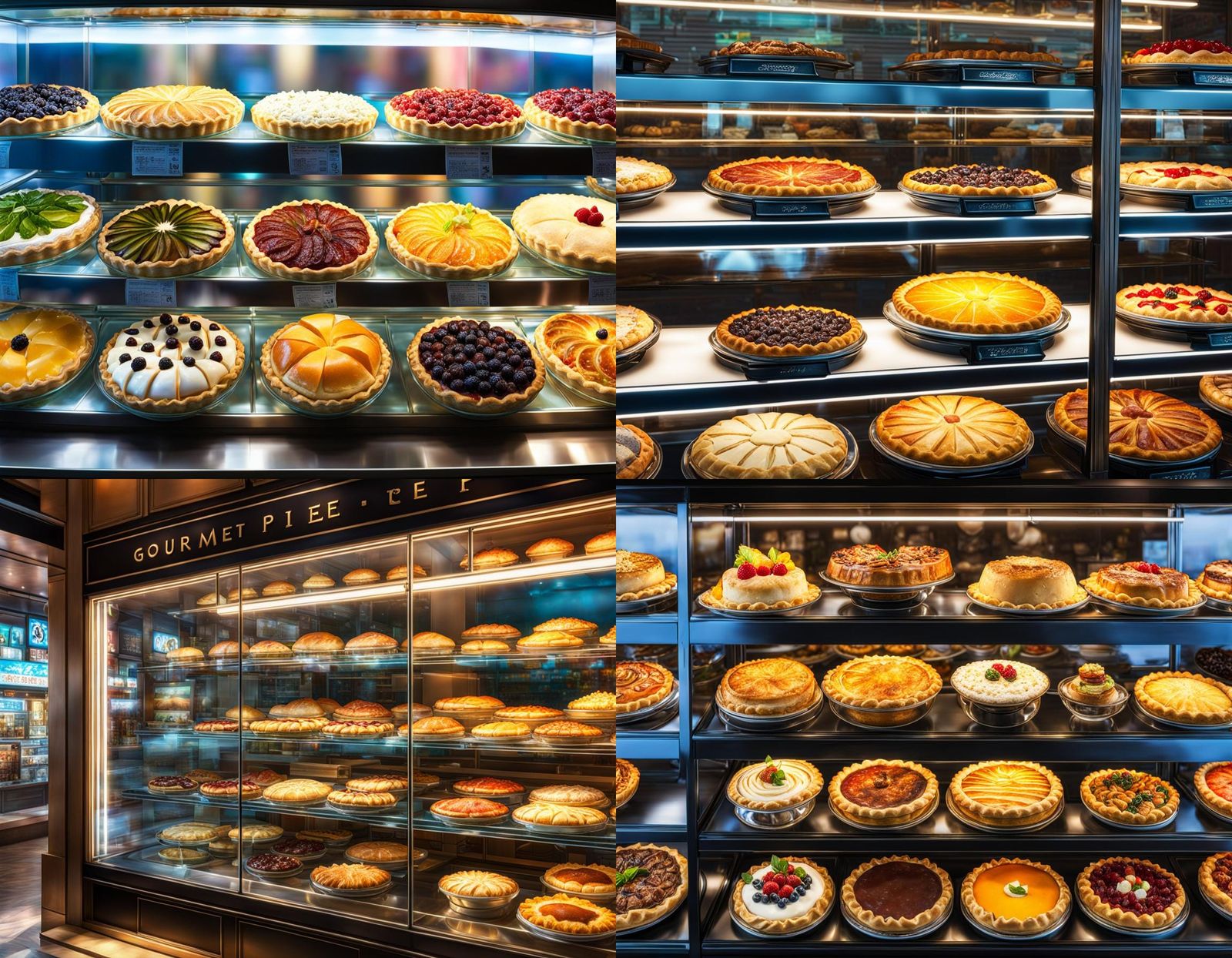 gourment pie shop, closeup of glass case filled with appetizing gourmet pies, Hyperrealistic, splash art, concept art, m...