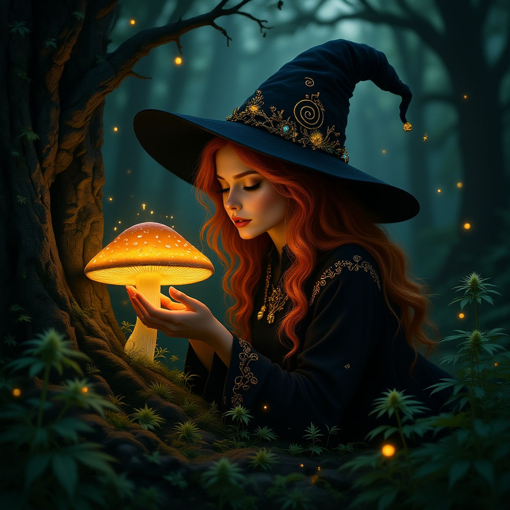 Ginger Witch with Glowing Mushroom in Mystic Forest