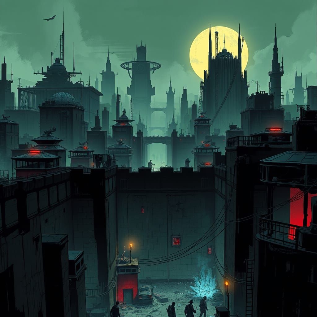 Gritty Dystopian Cityscape with Fortified Walls and Cages