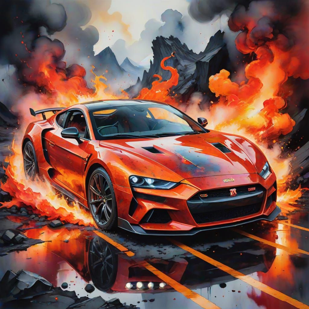 Sports Car Amidst Lava Eruption in Watercolor Style