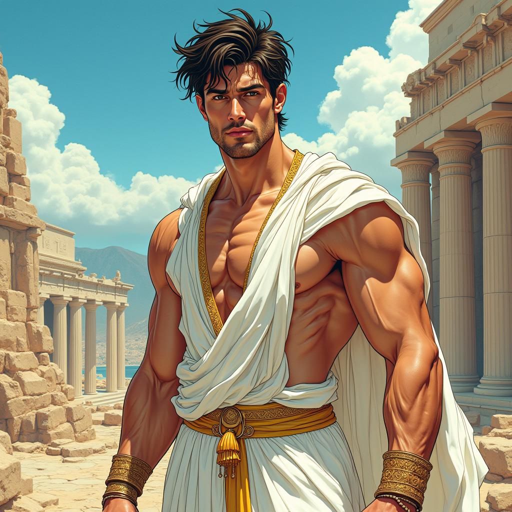 Dreamlike Greek Hero in Animated Style