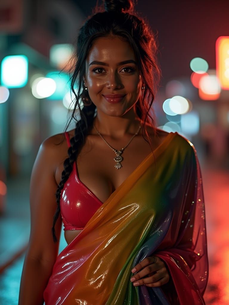 Curvy Woman in Wet Clothes Under Street Light