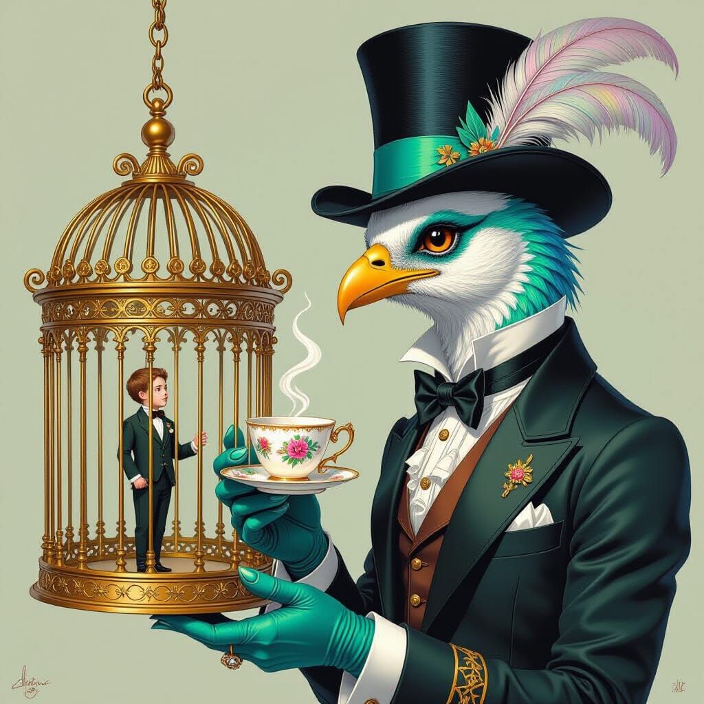 Humanoid Bird Gazing at Tiny Human in Birdcage