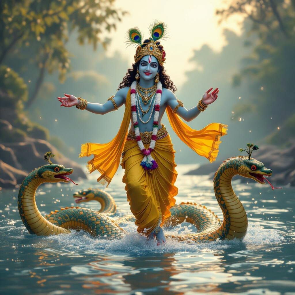 Lord Krishna Dances on Serpent Kalia in Yamuna River