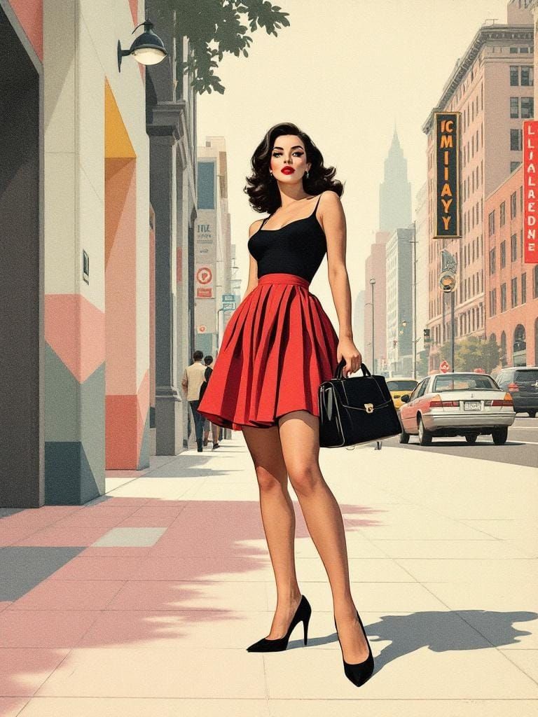 Stylish Woman in Retro Geometric Cityscape