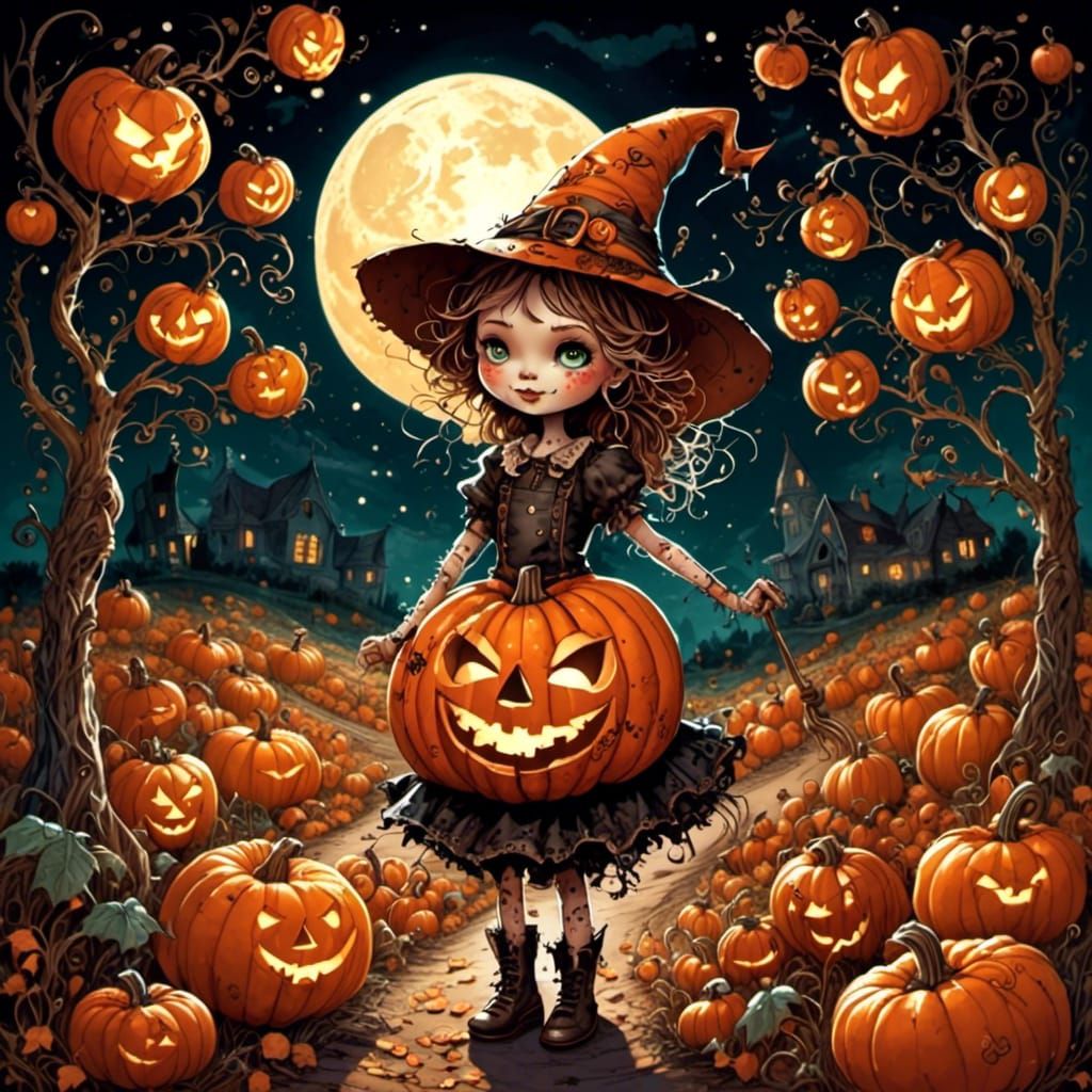 Little Witch in Pumpkin Patch: A Halloween Oil Painting