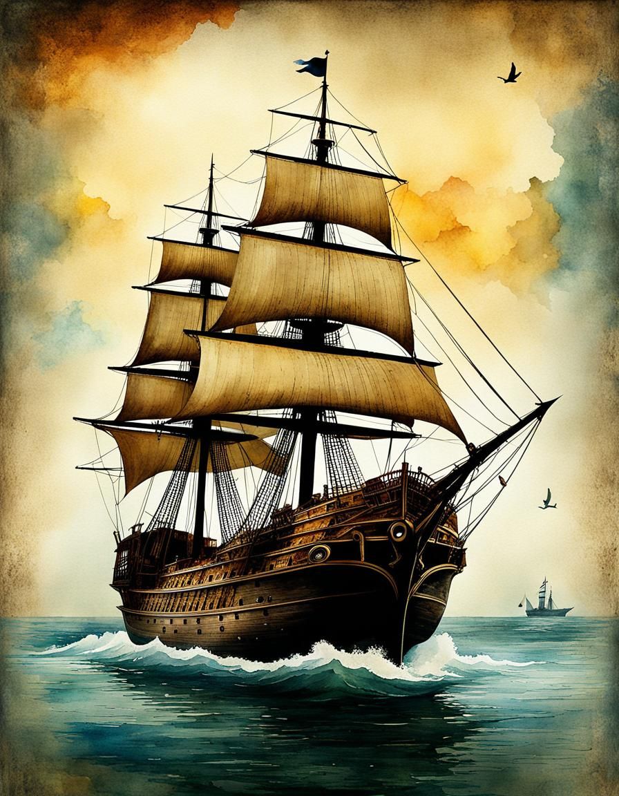 Old Ship Sailing in Watercolor Harbor