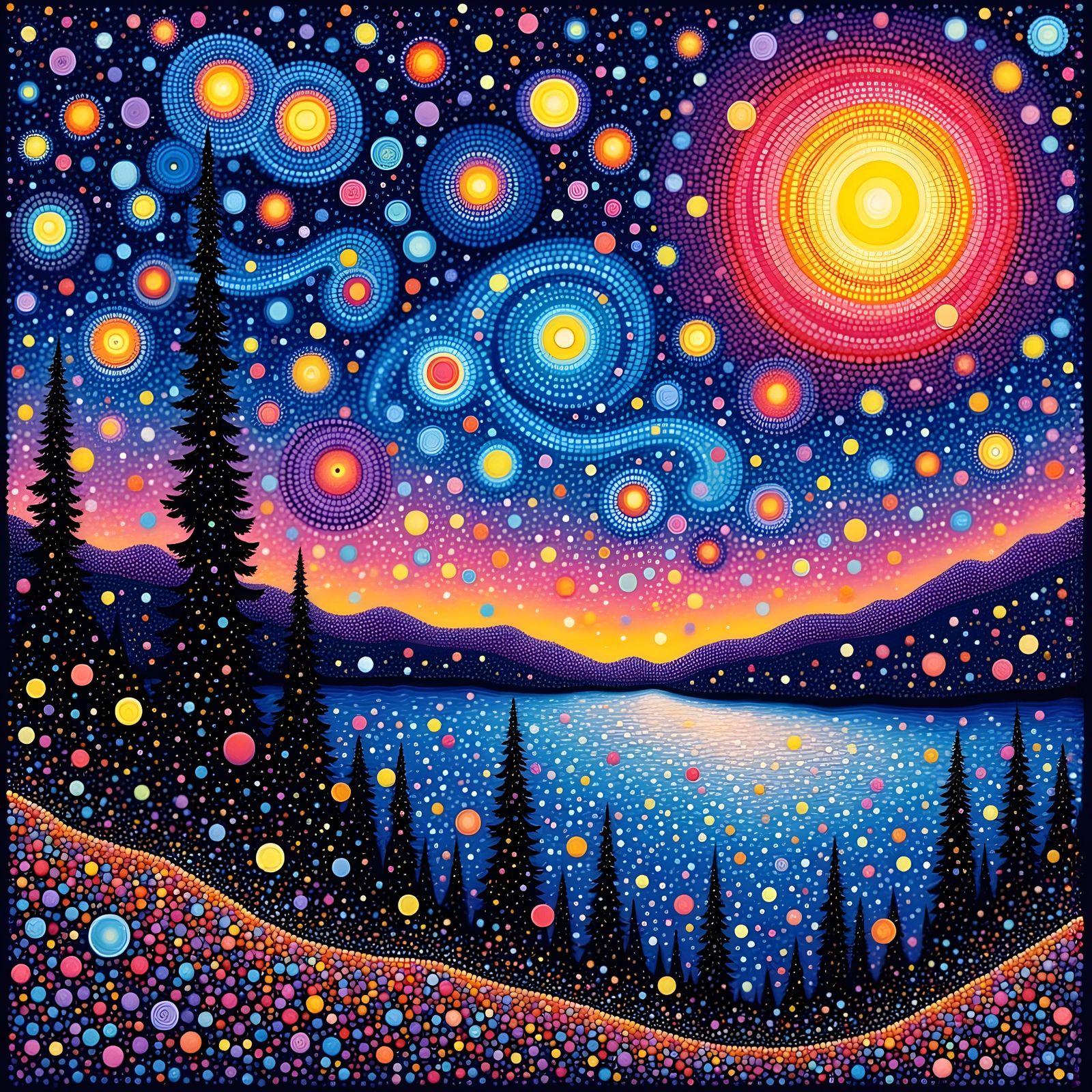 Vibrant Pointillist Masterpiece of a Starry Night