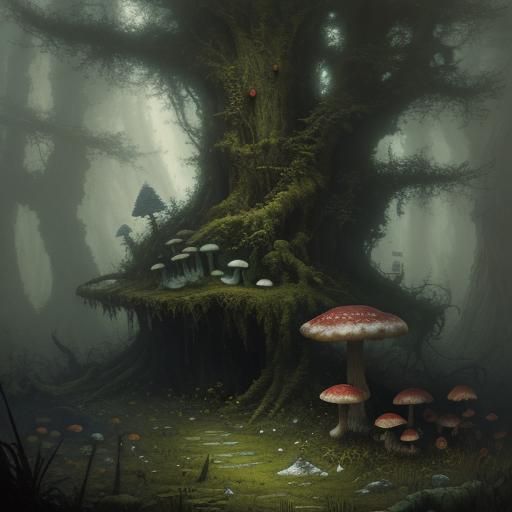 Mystical Forest with Colored Mushrooms in Dark Fantasy Style