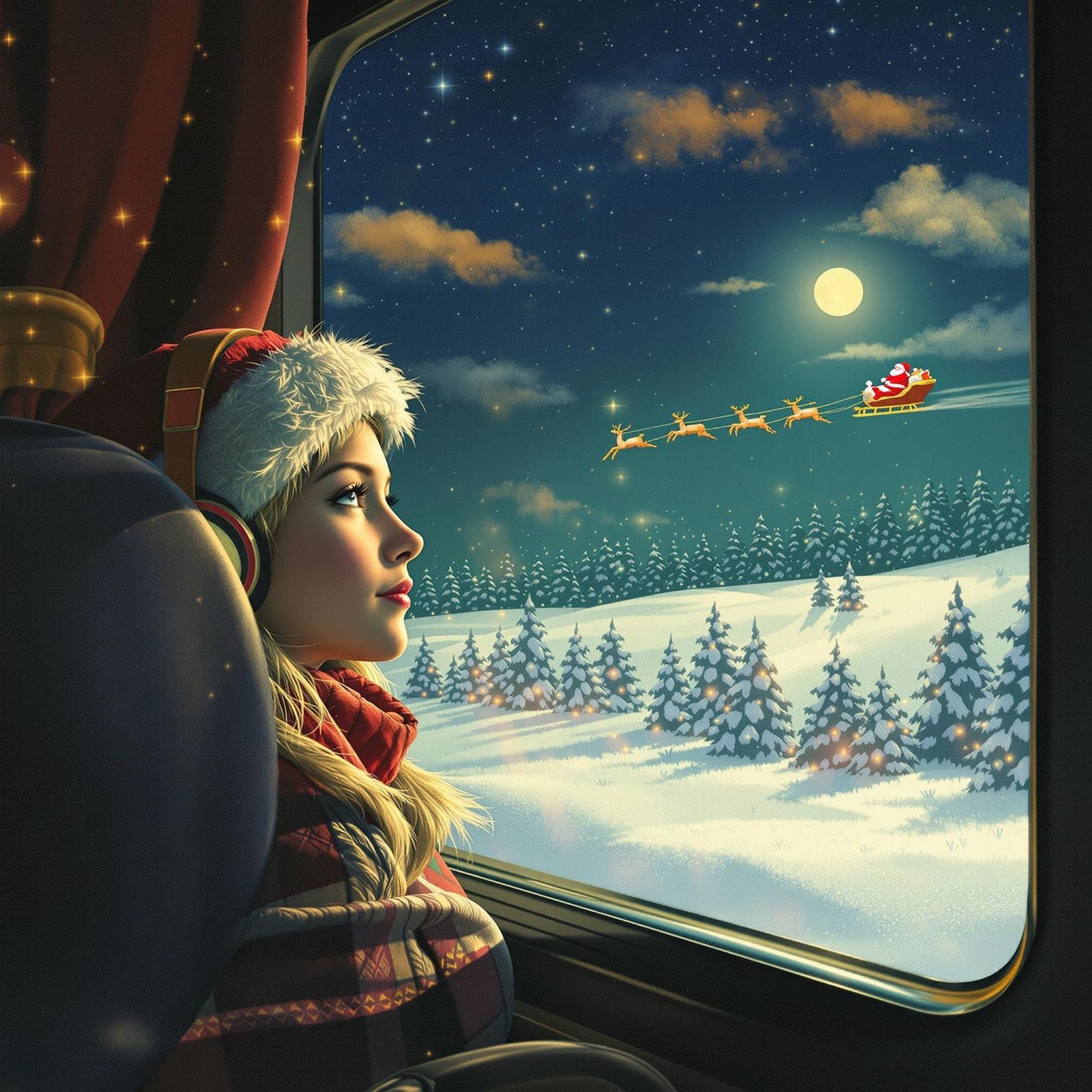 Girl on Train Sees Santa in Winter Wonderland