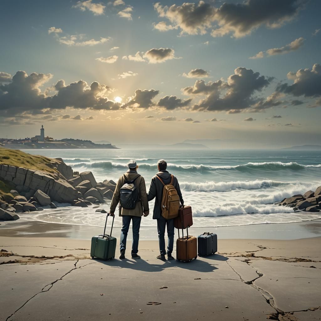 Seaside Reunion: Sibling Embrace in Digital Art