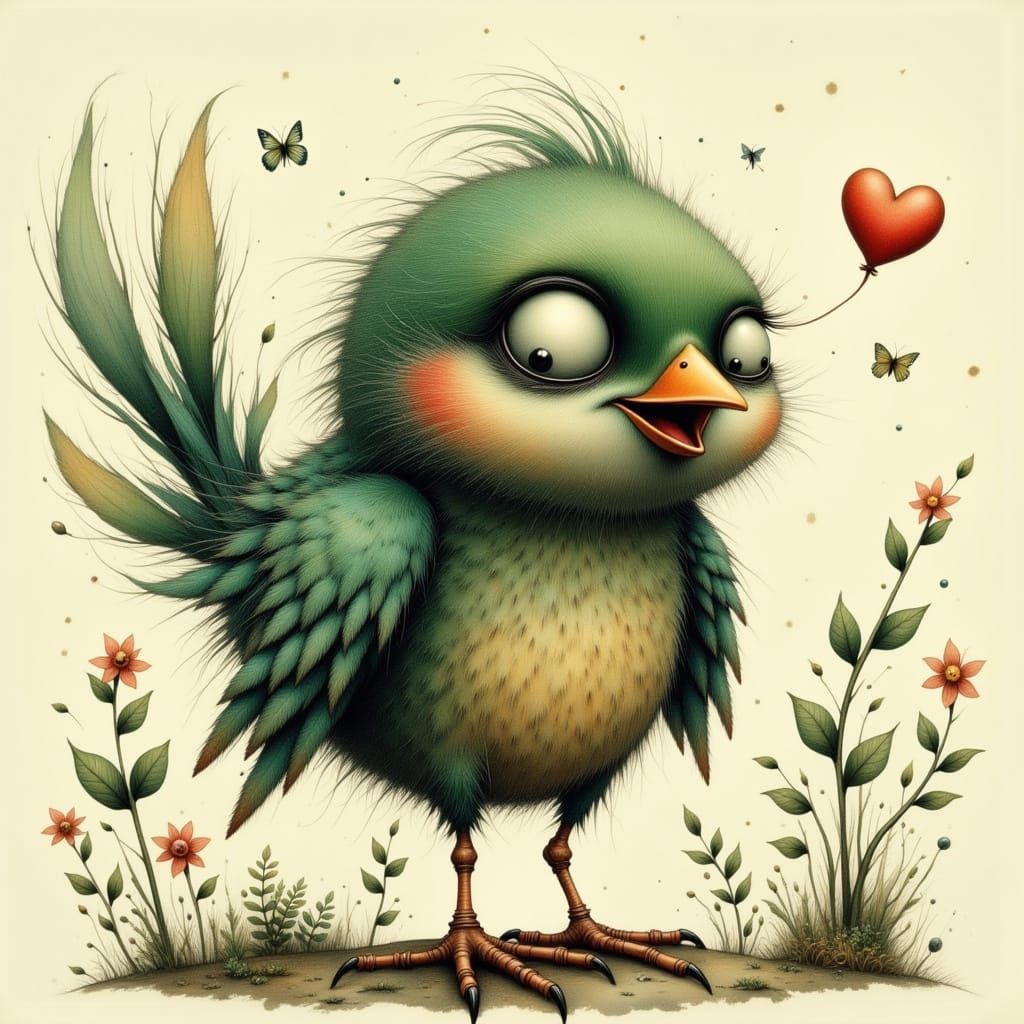 Cute Greenish Bird Illustration in Whimsical Style