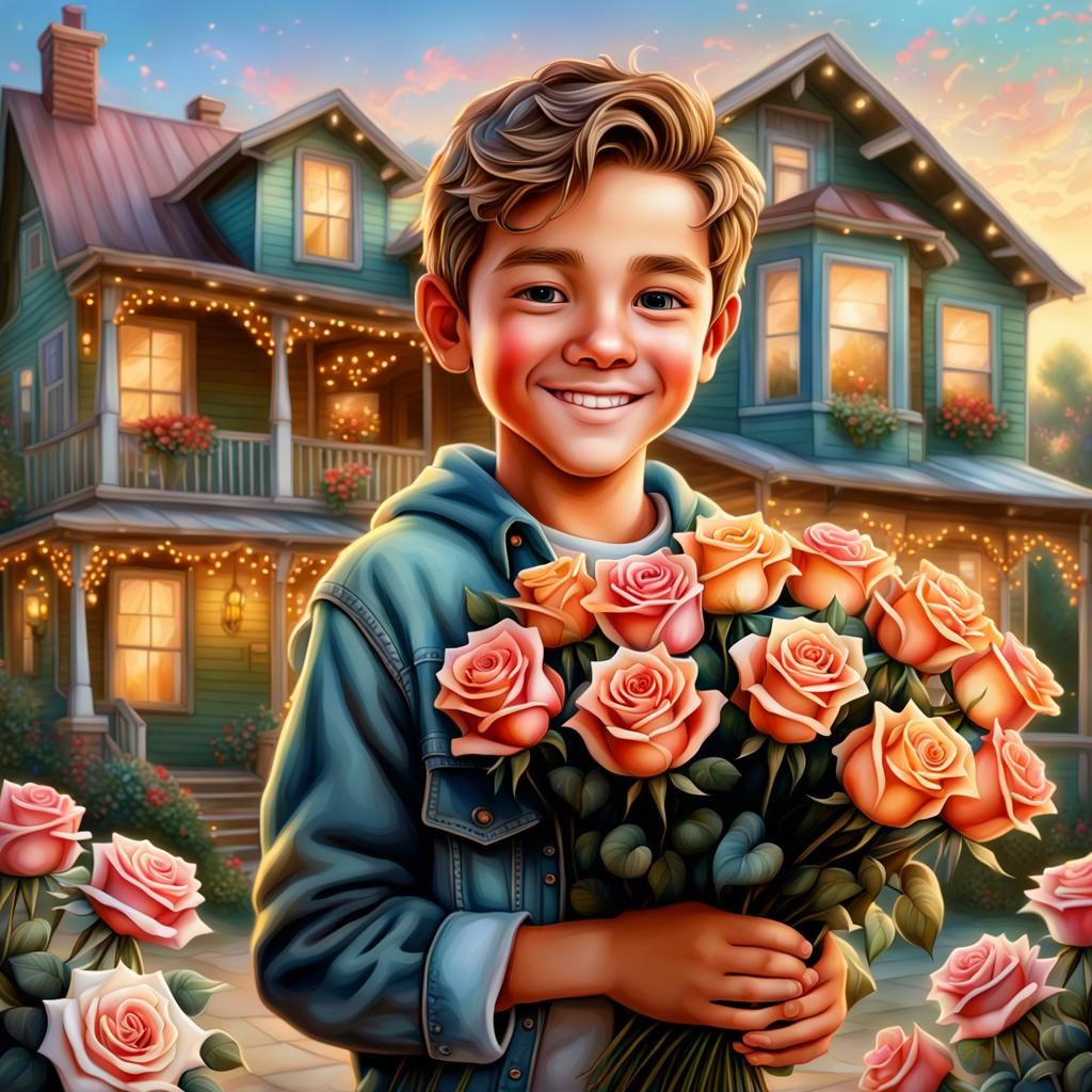 Adorable Boy with Roses: Hyperdetailed Airbrush Art