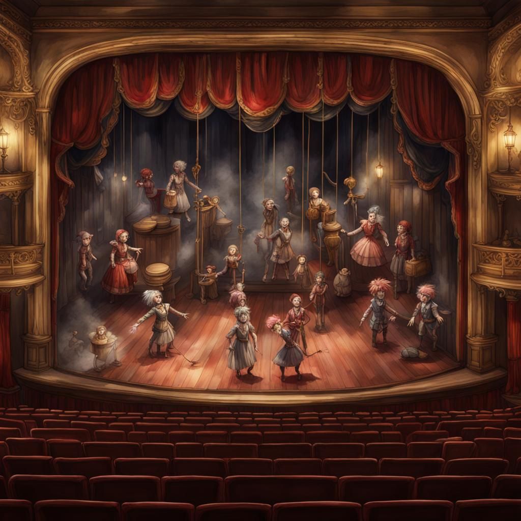 Marionettes in Theater: Watercolor Fantasy Art