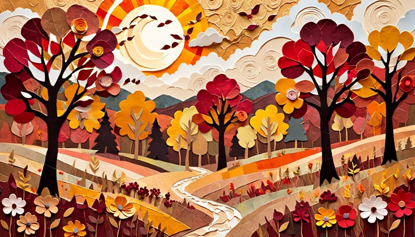 Autumn Meadow: Impressionist Torn Paper Collage Landscape