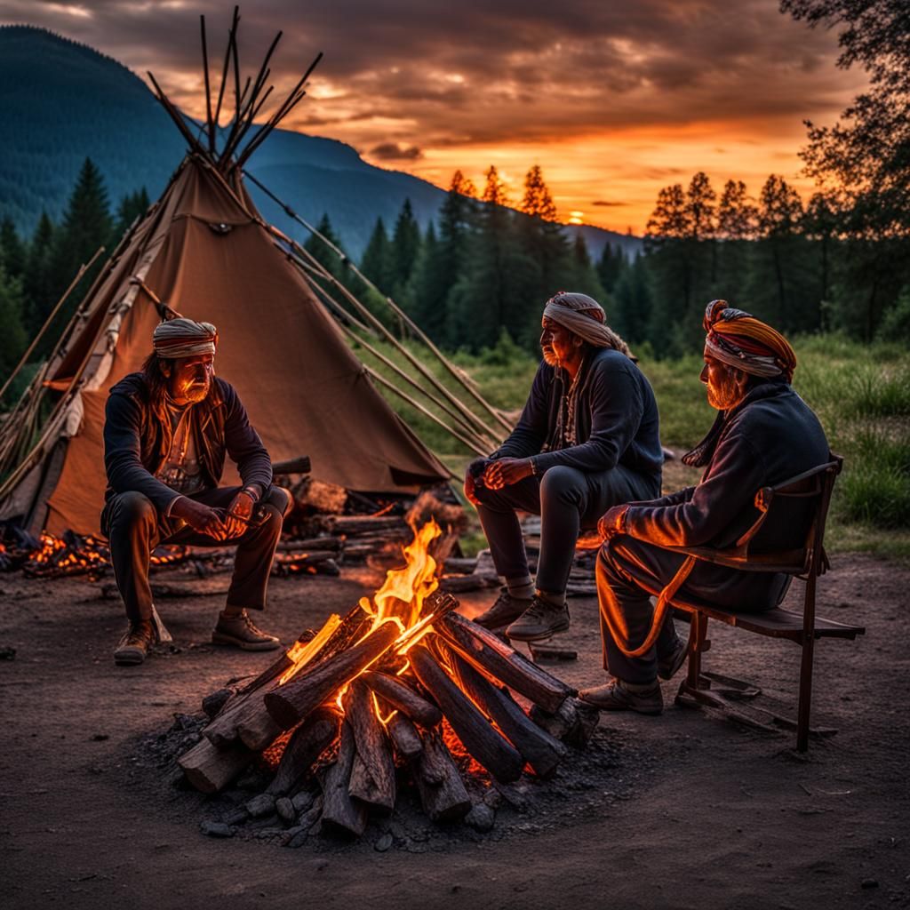 Native Americans at Campfire During Sunset: Hyperrealistic I...