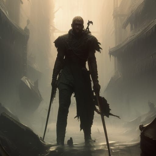 Leather Armored Warrior Strikes Monster: Dark Fantasy Art