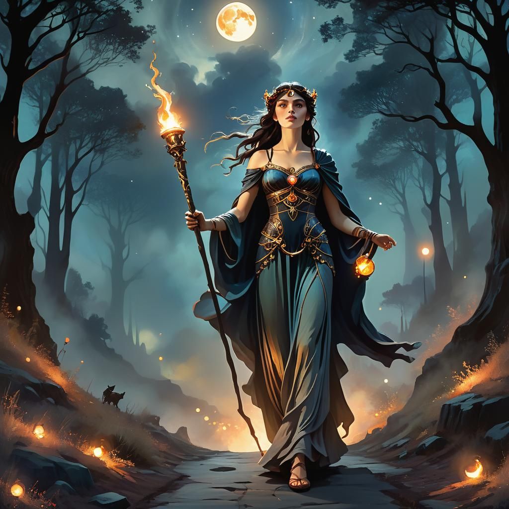 Hecate's Torchlit Journey in Dark Fantasy Style