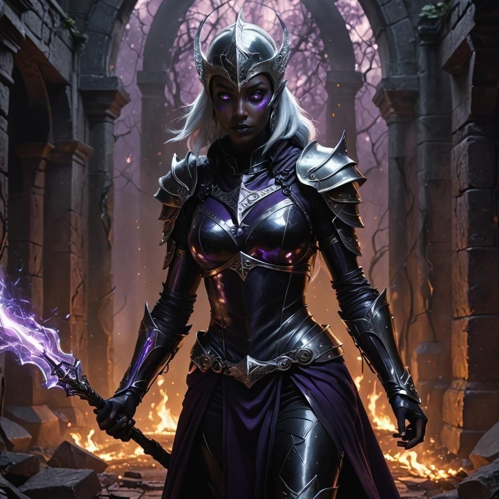 Sinister Drow Sorceress in Silver Armor
