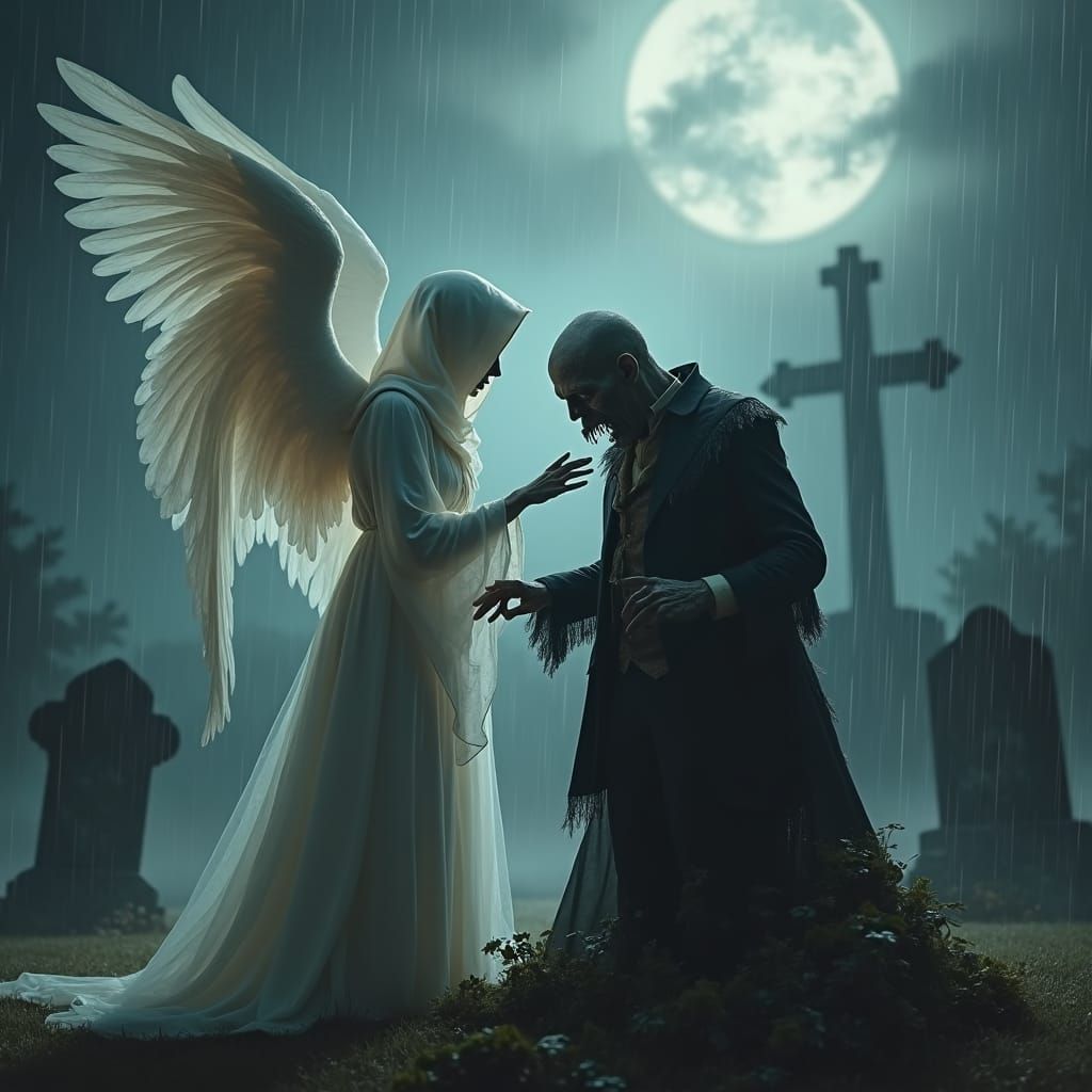 Angel Comforts Mourning Zombie in Cemetery