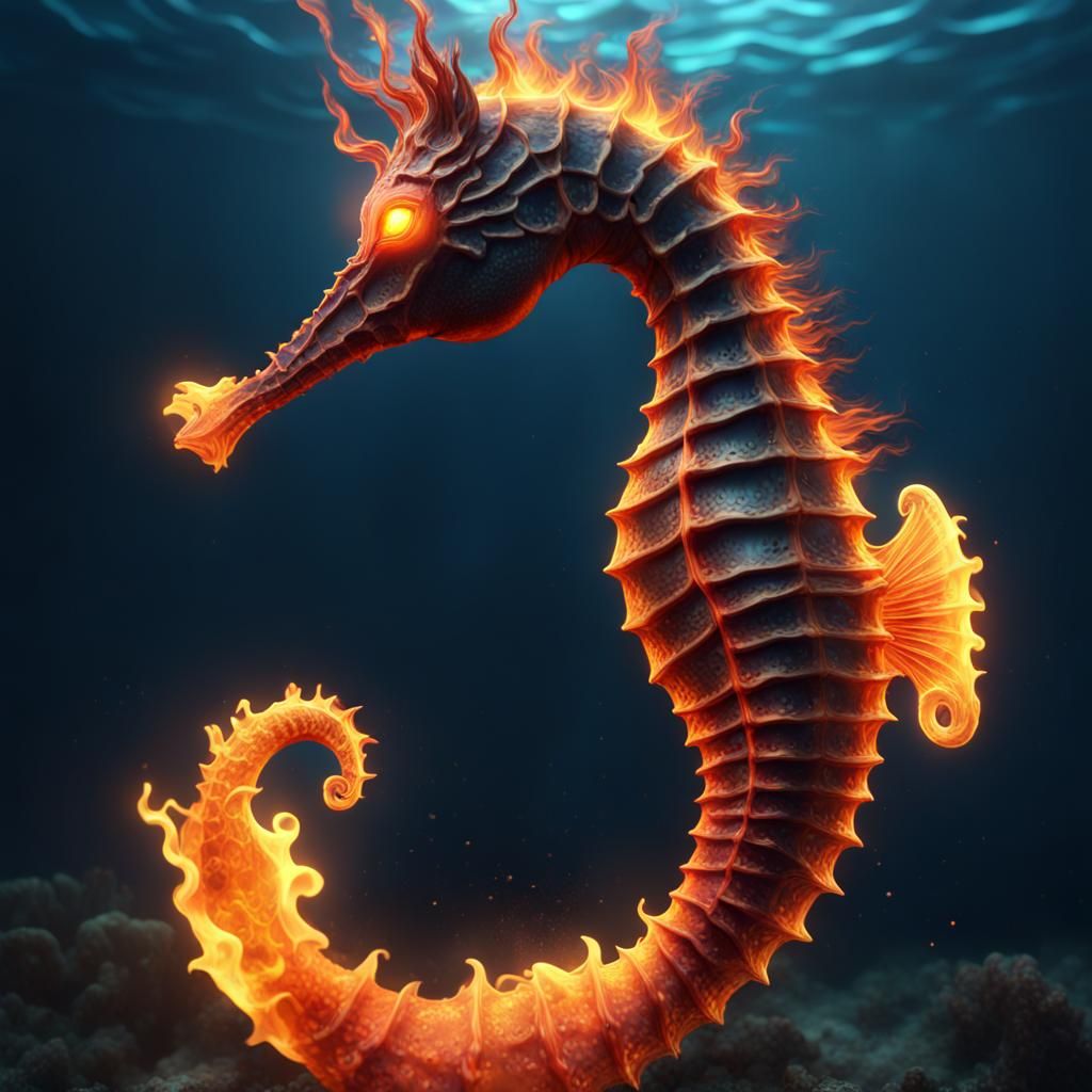 Flaming Seahorse in Ocean: Fantasy Concept Art