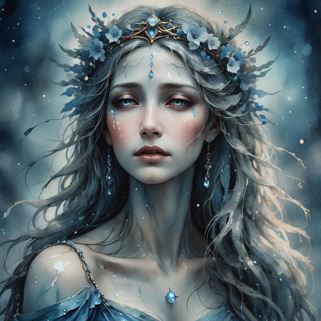 Heartbroken Goddess Weeping Under Moonlight in Dreamlike Fan...