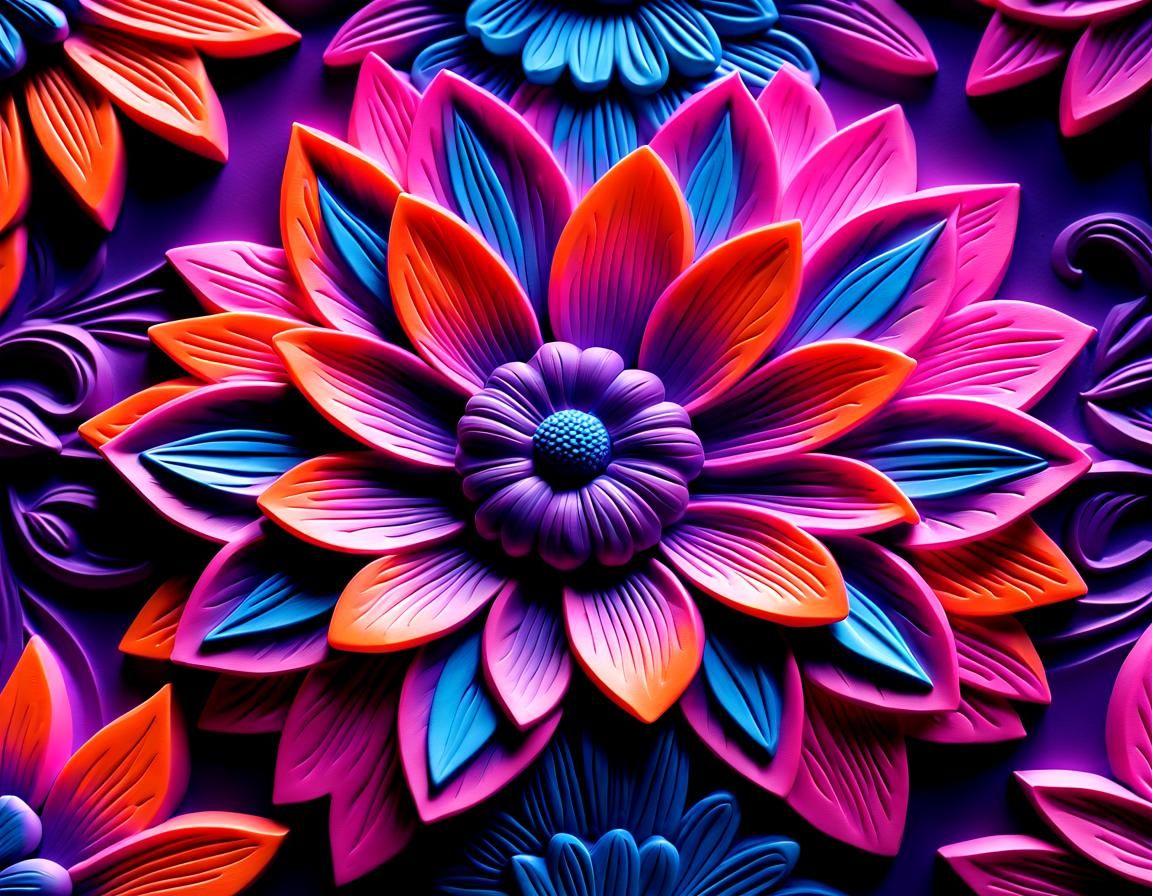 Neon Flower Bas-Relief Carving in HDR