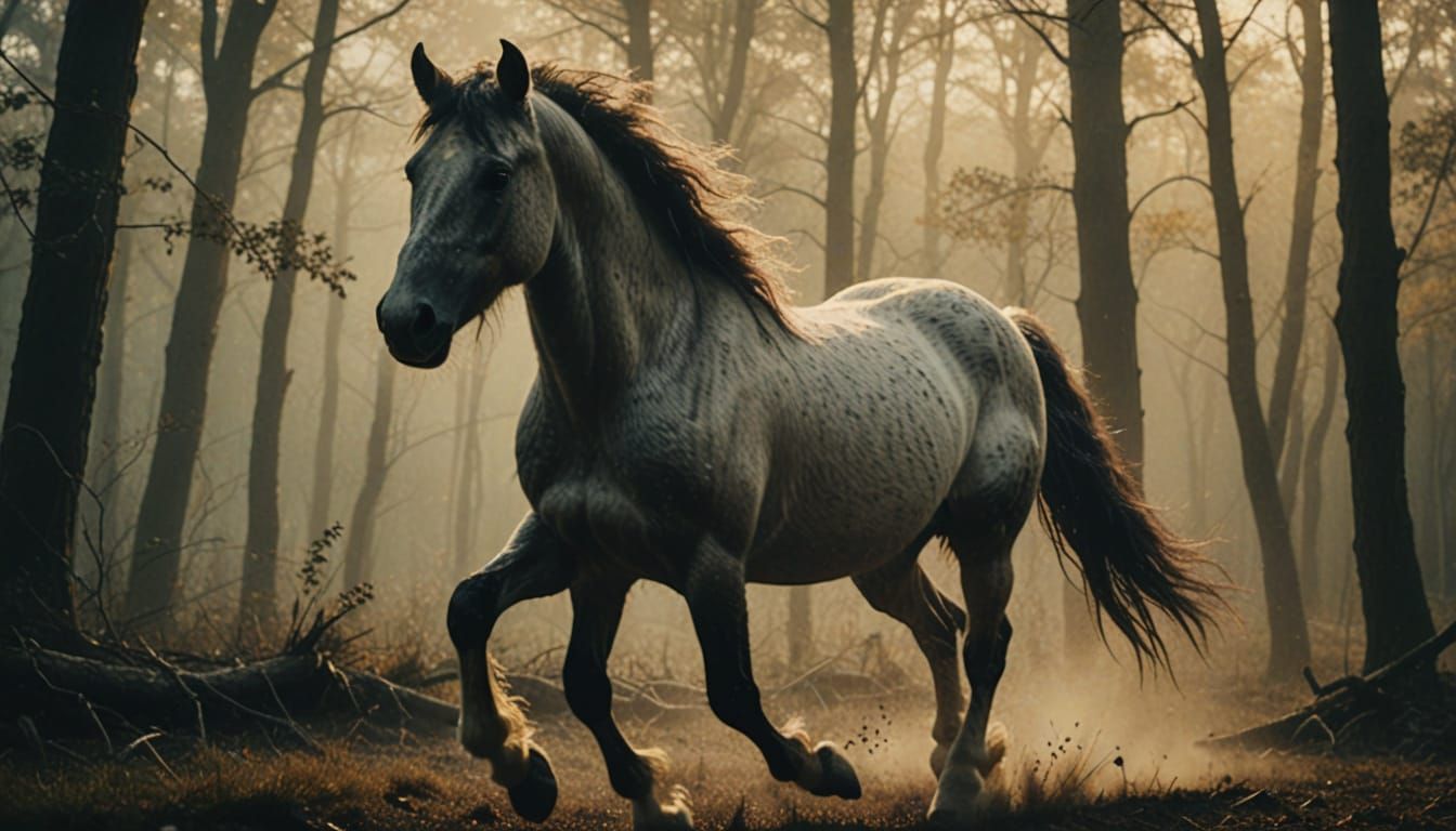 Ethereal Ghost Horse in Misty Forest: Film Noir