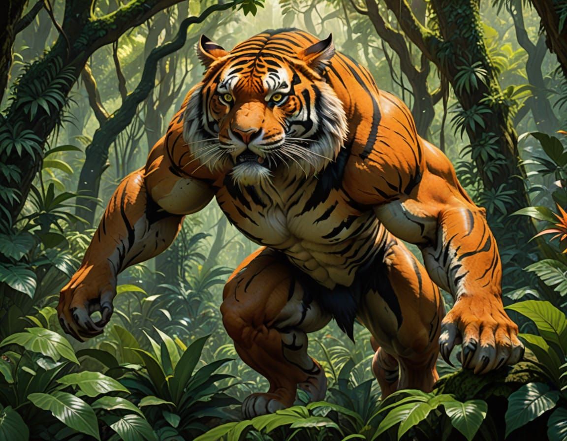Hyper-Muscular Tiger in Jungle Glory