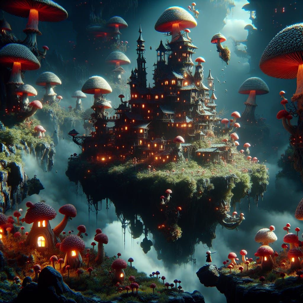 Mushroom Village on Floating Island: Dark Fantasy Concept Ar...