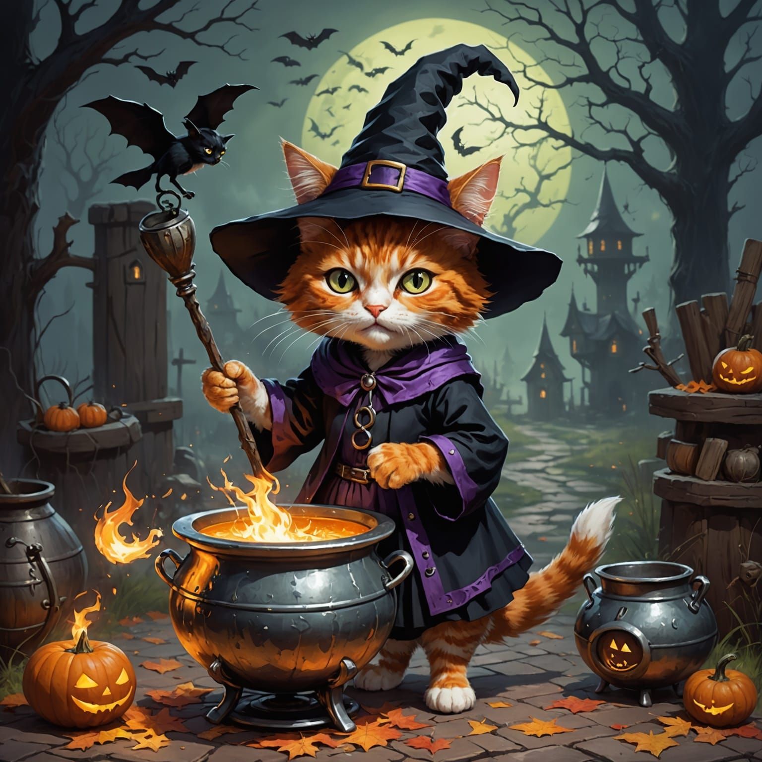 Mystical Calico Witch Stirs Her Cauldron in a Dark Fantasy S...