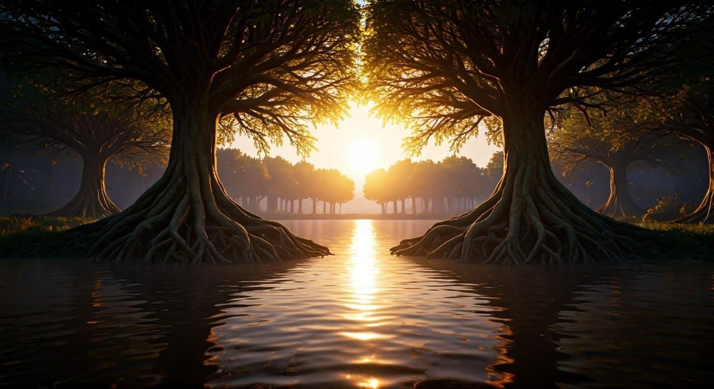 Golden Hour in a Surreal Forest Landscape