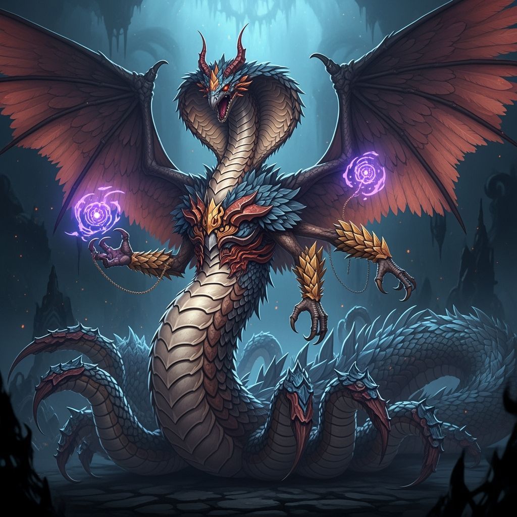 Colossal Feathered Avian Cobra Daikaiju Wielding Demonic Mag...