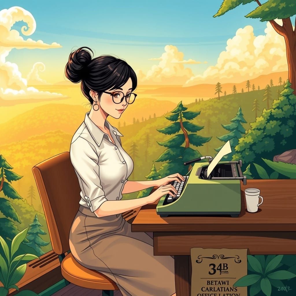 Betawi Office Lady Typist in Whimsical Forest Scene