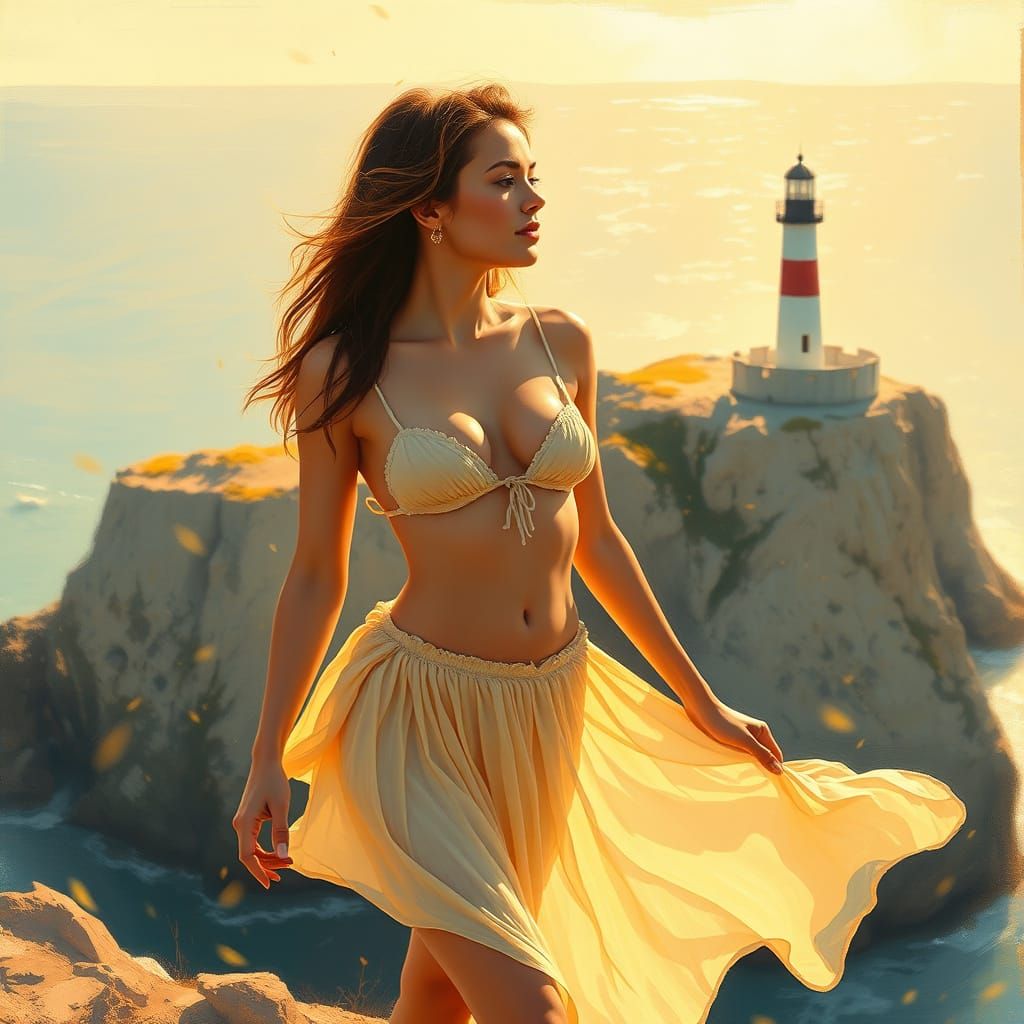 Woman in Bikini at Cliffside Lighthouse, Impressionist Style