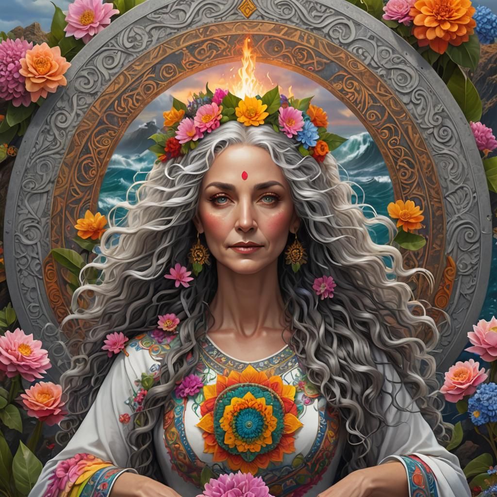 Goddess with Flowers, Rainbow, and Mandala