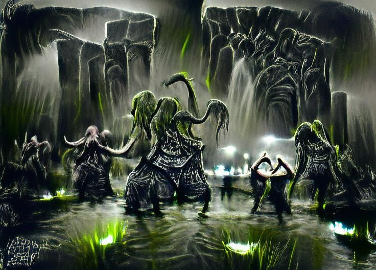 Cthulhu Cultists Dance: Ink Sketch Concept Art