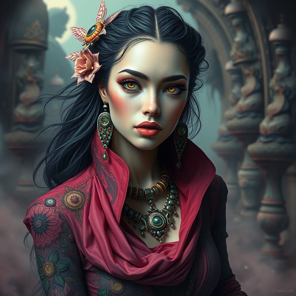 Hyperrealistic Portrait of Woman in Dreamlike Setting