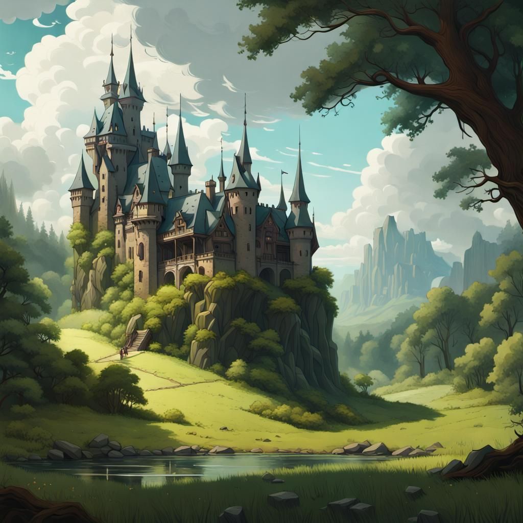 Lush Landscape with Mystical Castle Illustration