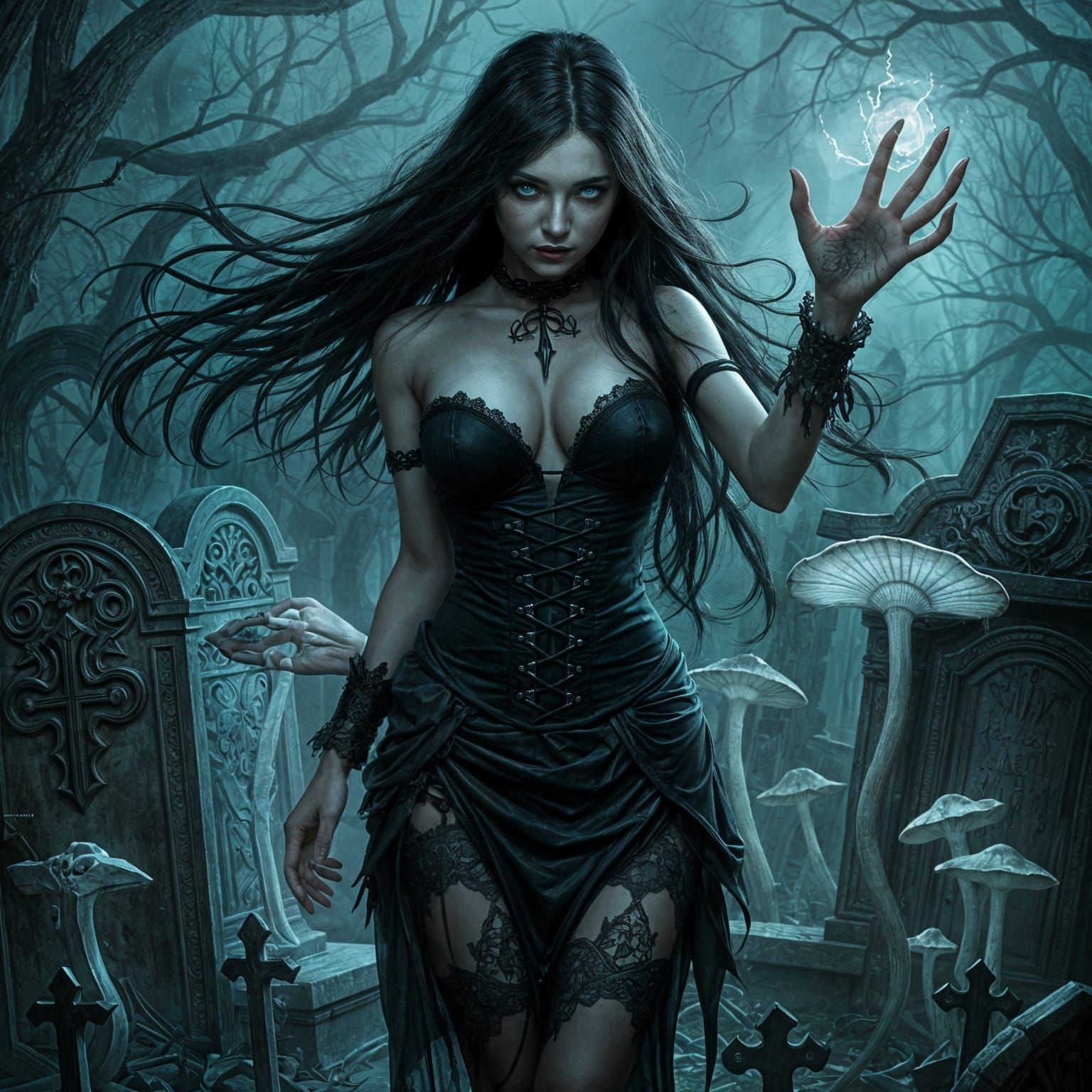 Gothic Enchantress Conjures Spirits in Haunted Graveyard
