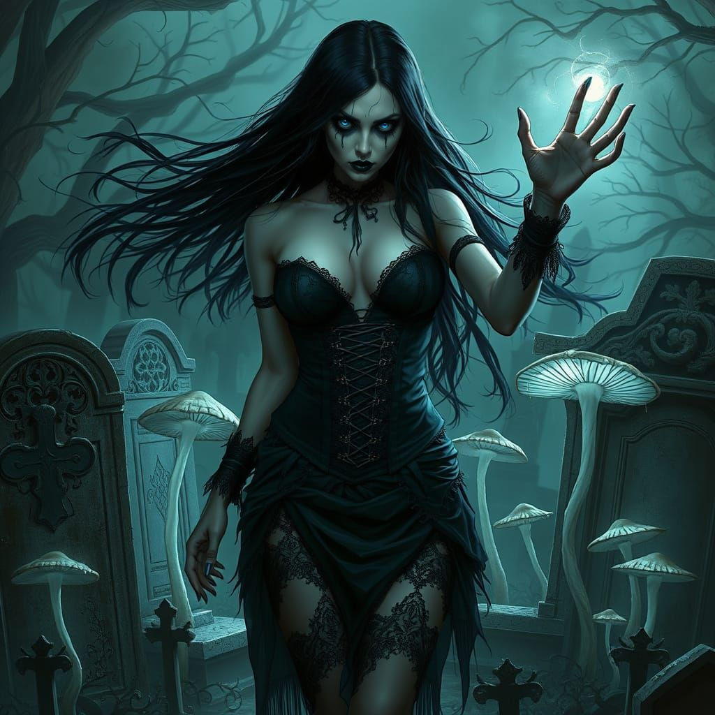 Haunted Goth Enchantress in a Haunted Graveyard at Twilight