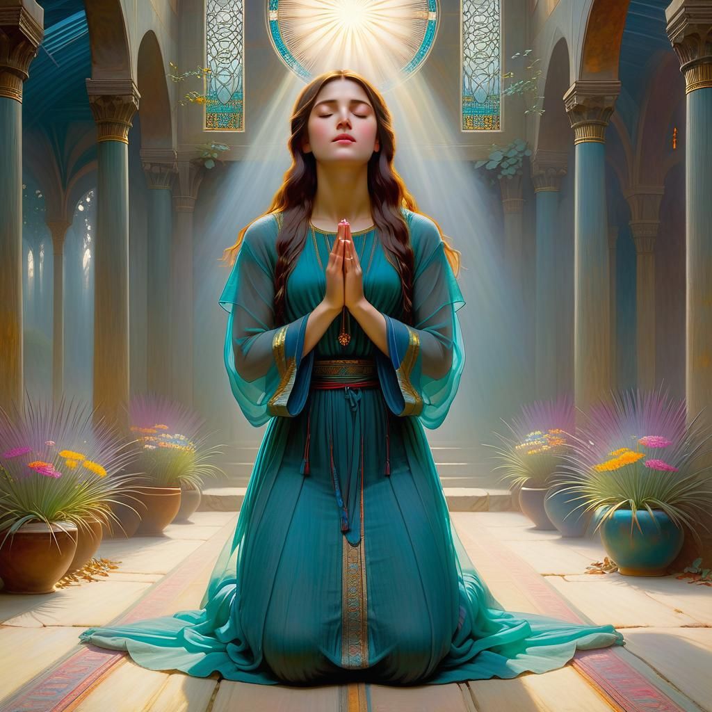 Ethereal Woman in Prayer, Luminous Pre-Raphaelite Style