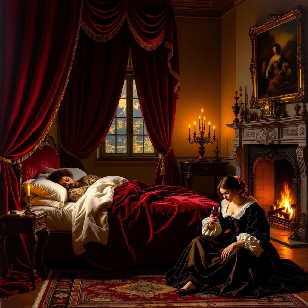 Baroque Interior Scene with Sleeping Figure